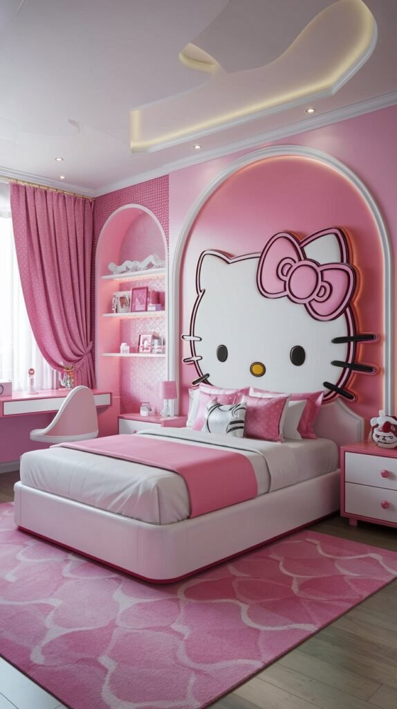 A luxurious and dreamy Hello Kitty bedroom dominated by a grand white headboard in the shape of Hello Kitty's face, set within an arched alcove. The pink walls and curtains, along with the patterned pink rug, create a cohesive and adorable design.