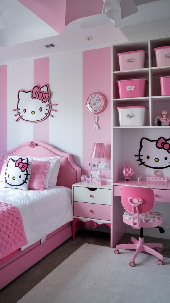 An adorable and dreamy Hello Kitty bedroom with striking pink and white striped walls. A pink bed with a Hello Kitty pillow and a Hello Kitty wall art piece are central. A built-in white shelving unit with pink storage bins, a pink desk, and a matching chair complete the functional and themed space.