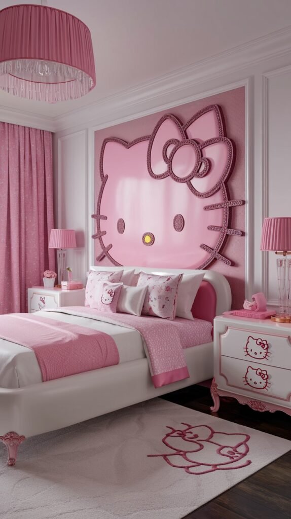 Bold Hello Kitty bedroom with an oversized Hello Kitty headboard on the wall, vibrant pink and white bedding, pink lamps, themed accessories, and playful decor elements throughout the room.