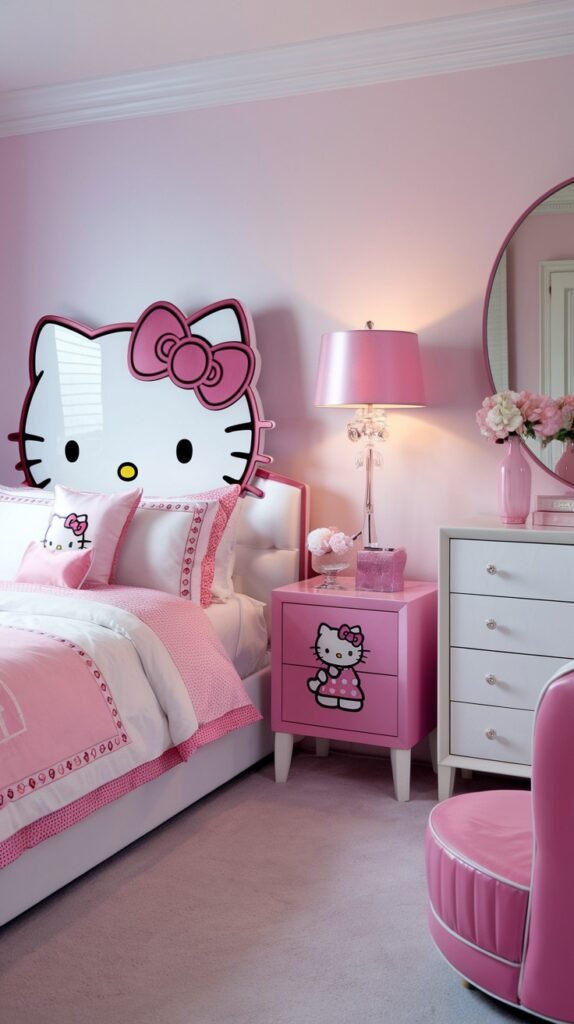 A bright and dreamy Hello Kitty bedroom featuring a large Hello Kitty headboard on a white and pink bed. The room is decorated with subtle pink tones, including a pink nightstand with Hello Kitty details, a pink lamp, and a large round mirror, making it an adorable retreat.