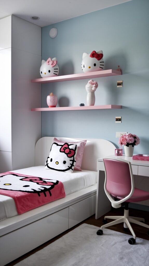 An adorable and dreamy Hello Kitty bedroom featuring a white bed with a Hello Kitty pillow and pink blanket. Pink floating shelves display Hello Kitty head sculptures, and a white desk with a pink chair is positioned next to the bed, all set against a light blue wall.