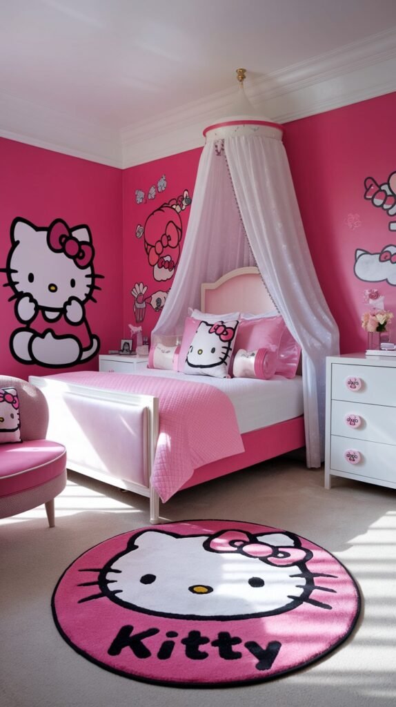 A charming and dreamy Hello Kitty bedroom with hot pink walls adorned with various Hello Kitty wall decals. The white bed has pink accents and a white canopy, complemented by a pink armchair and a large Hello Kitty rug that says "Kitty".