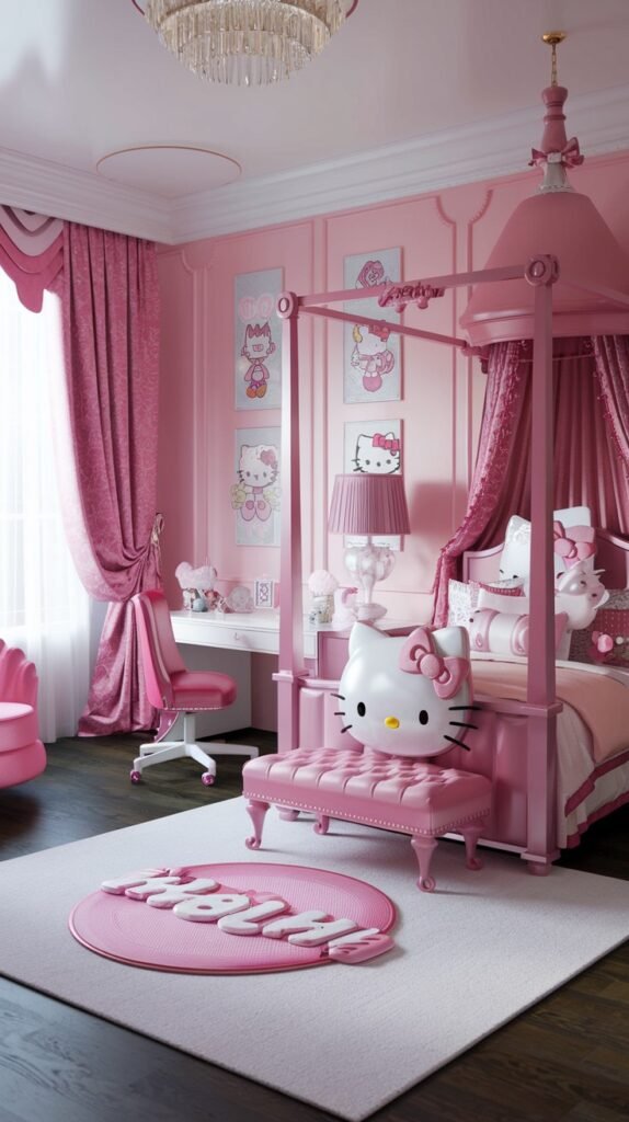 An elaborate and dreamy Hello Kitty bedroom designed with a pink four-poster canopy bed and a plush Hello Kitty bench at the foot. Pink walls display framed Hello Kitty art, and a grand chandelier hangs from the ceiling, creating an adorable and opulent setting.
