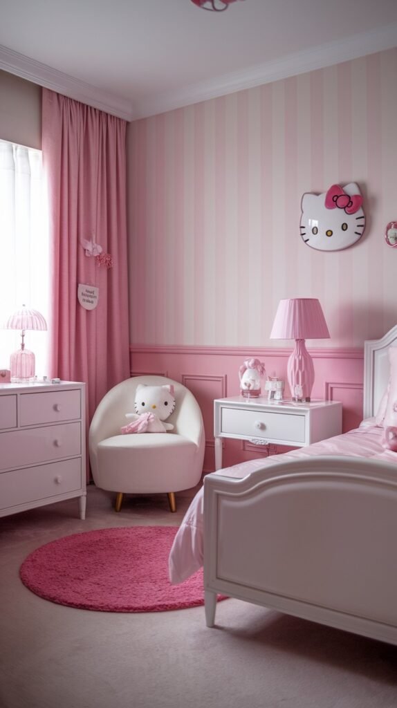 A serene and dreamy Hello Kitty bedroom with a pink and white striped accent wall and pink curtains. A white bed, a small white armchair with a Hello Kitty pillow, and pink furniture including a nightstand and dresser create an adorable and cohesive space.