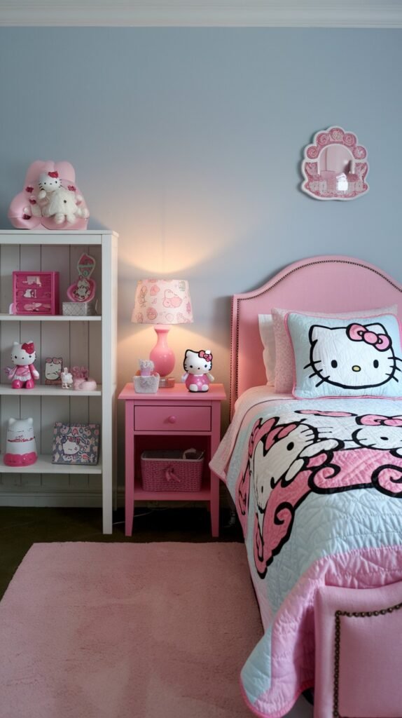 A cozy and dreamy Hello Kitty bedroom featuring light blue walls that provide a soft contrast to the pink Hello Kitty themed bedding and decor. A white bookshelf filled with adorable Hello Kitty items stands next to the bed, with a pink nightstand and Hello Kitty lamp nearby.