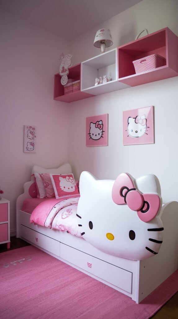 An adorable and dreamy Hello Kitty bedroom featuring a white bed with a large, sculpted Hello Kitty headboard, pink and white bedding, and built-in drawers. Pink and white wall shelves hold additional Hello Kitty decor, and a soft pink rug covers the floor.