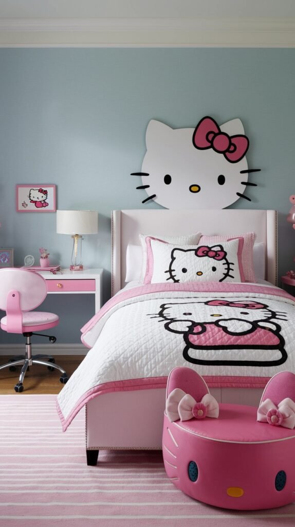 A charming and dreamy Hello Kitty bedroom with a pink bed, a large Hello Kitty head wall decal above the headboard, and Hello Kitty themed bedding. A pink desk with a matching chair and a pink striped rug complete this adorable space.