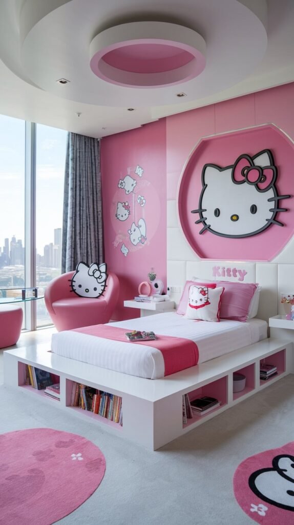A luxurious and dreamy Hello Kitty bedroom with vibrant pink walls and a massive 3D Hello Kitty wall art piece. The white platform bed includes built-in shelves, and two adorable Hello Kitty themed round rugs accent the light carpet. A pink armchair and large windows offer city views.