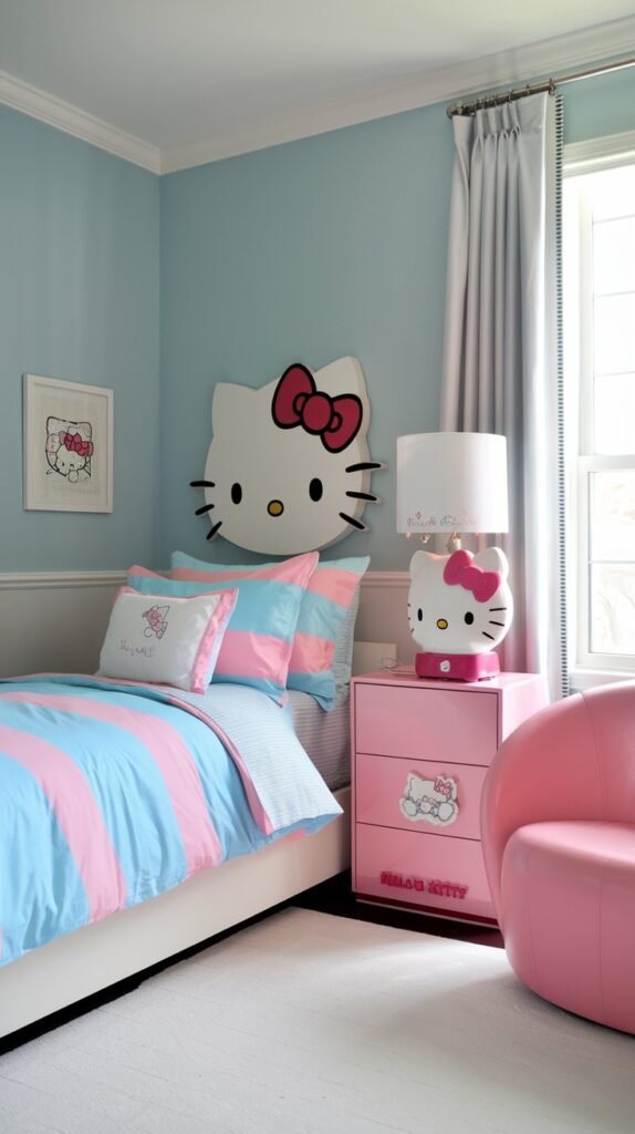 An adorable and dreamy Hello Kitty bedroom decorated with light blue walls and a white bed featuring pink and blue striped bedding. A prominent Hello Kitty head wall decoration hangs above the bed, and a Hello Kitty lamp sits on a pink nightstand next to a pink accent chair.