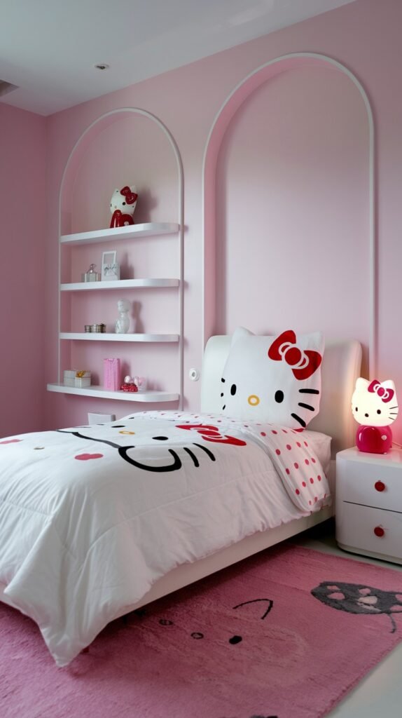 A vibrant and dreamy Hello Kitty bedroom showcasing pink walls with elegant white arched details and floating shelves. The white bed features a Hello Kitty pillow and blanket, and an adorable Hello Kitty lamp illuminates the nightstand next to a pink Hello Kitty rug.