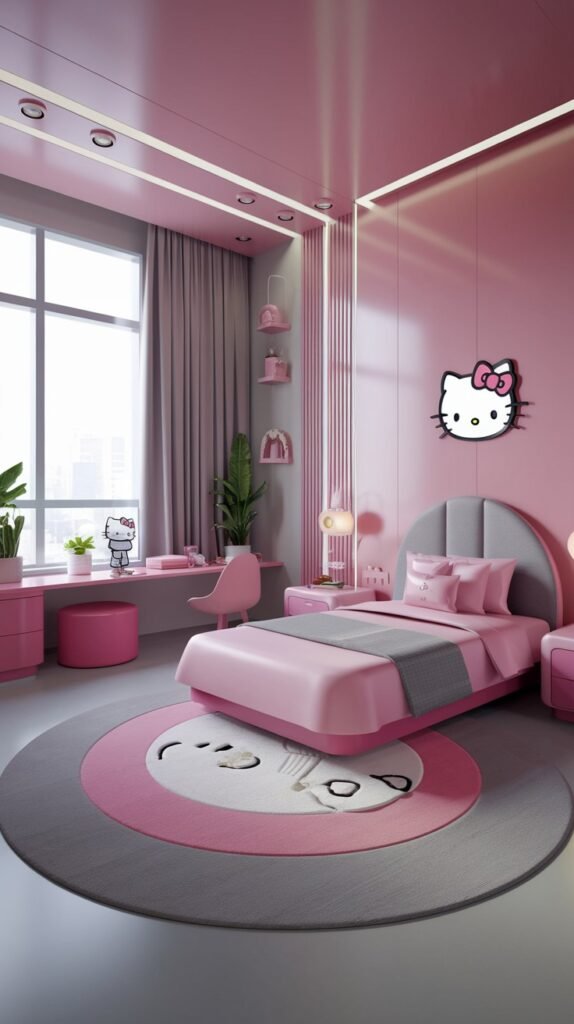 A chic and dreamy Hello Kitty bedroom designed with a pink bed, pink walls, and a large Hello Kitty wall art piece. A distinctive circular grey and pink Hello Kitty rug anchors the room, which also includes a pink desk and a large window.