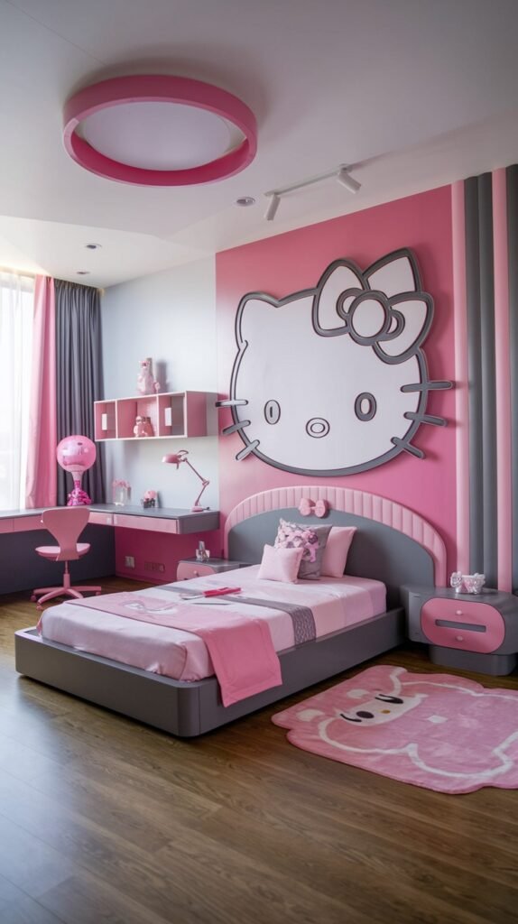 A modern and dreamy Hello Kitty bedroom with a large, textured Hello Kitty wall art focal point, combining pink and grey wall panels. The bed has a grey headboard, and a circular pink ceiling light adds to the contemporary feel. A pink desk and chair are also present, making for an adorable study area.