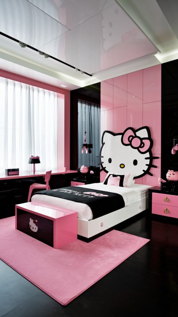 A bold and dreamy Hello Kitty bedroom featuring a striking black and pink color scheme. The white bed has a large Hello Kitty headboard, black bedding, and a pink storage bench at the foot. Black wall panels and a vibrant pink rug create a dramatic yet adorable ambiance.