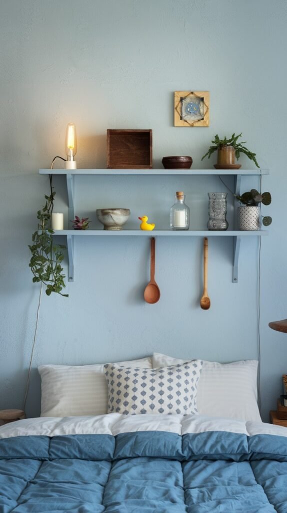 A light blue wall in a bedroom with a single long, light blue shelf mounted above the headboard of a bed. The shelf holds a lamp, various decorative items, a rubber duck, and two wooden spoons hanging beneath.