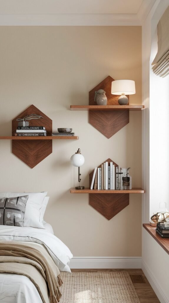 A unique arrangement of several individual wooden shelves with a geometric, hexagonal base, mounted on a light-colored wall beside a bed in a bedroom. The shelves contain books, lamps, and small decorative objects.