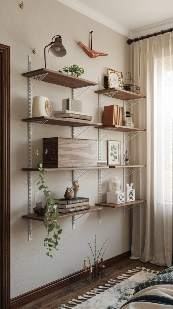 A bedroom wall with multiple wooden shelves supported by white metal brackets. The shelves are styled with books, plants, a lamp, a vintage clock, and framed art.