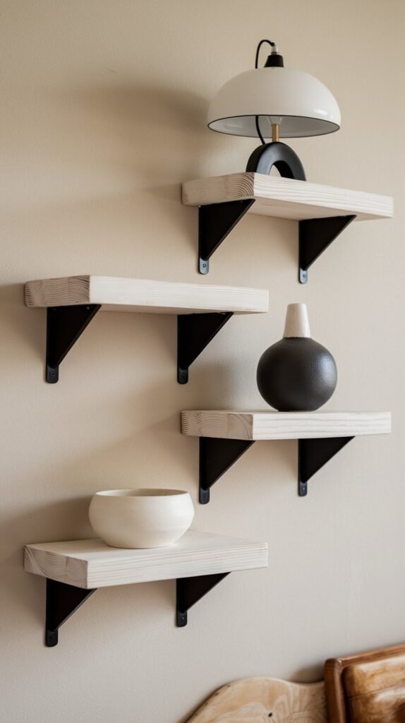 A modern display of four short, light-colored wooden floating shelves supported by black triangular brackets, arranged in a staggered pattern on a beige wall. The top shelf holds a black and white dome-shaped lamp, while others display decorative bowls and a vase.