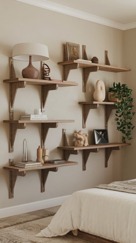 A wall in a bedroom filled with multiple wooden shelves supported by decorative wooden brackets, arranged in a scattered pattern. The shelves are styled with books, lamps, plants, and various sculptures and decorative items.