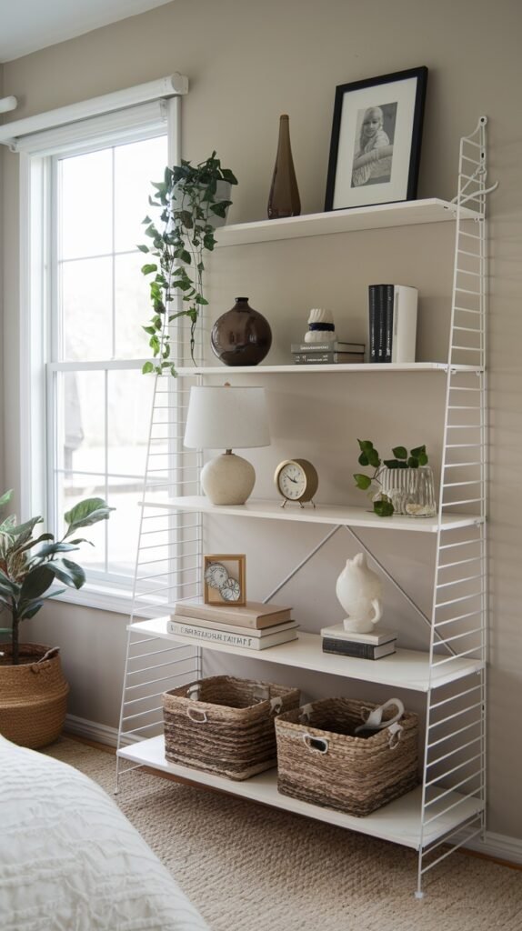 A tall white shelving unit with multiple shelves and a wire frame, positioned next to a window in a bedroom. The shelves hold books, lamps, potted plants, framed pictures, and two woven baskets on the bottom shelf.