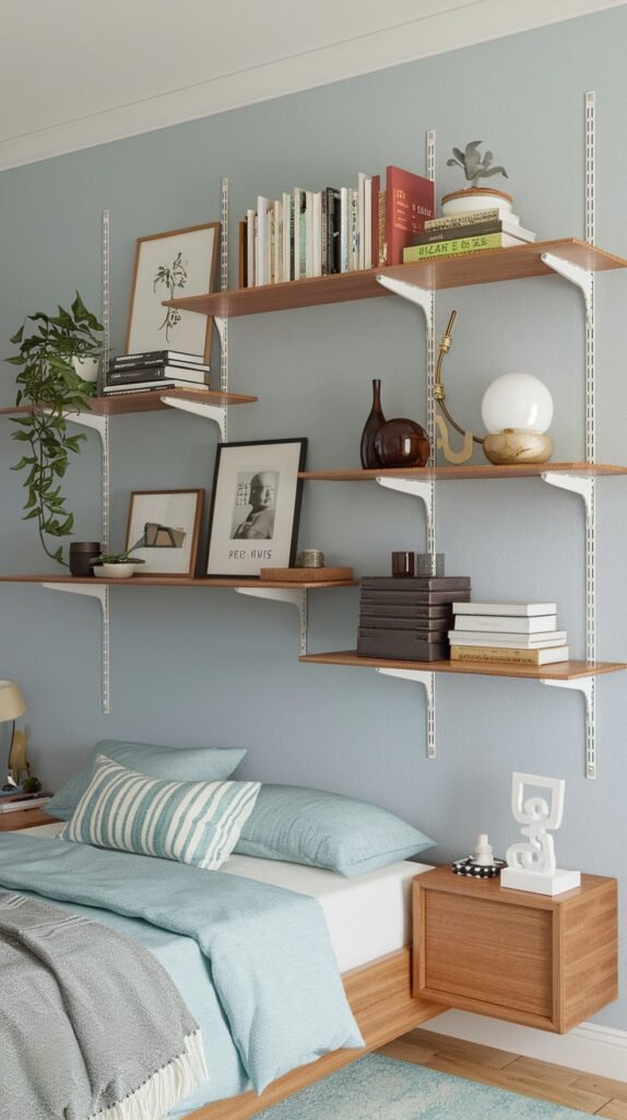 A wall-mounted shelving system with multiple wooden shelves supported by white metal standards, extending across a light blue wall above a bed in a bedroom. The shelves are densely packed with books, plants, framed art, and decorative items.