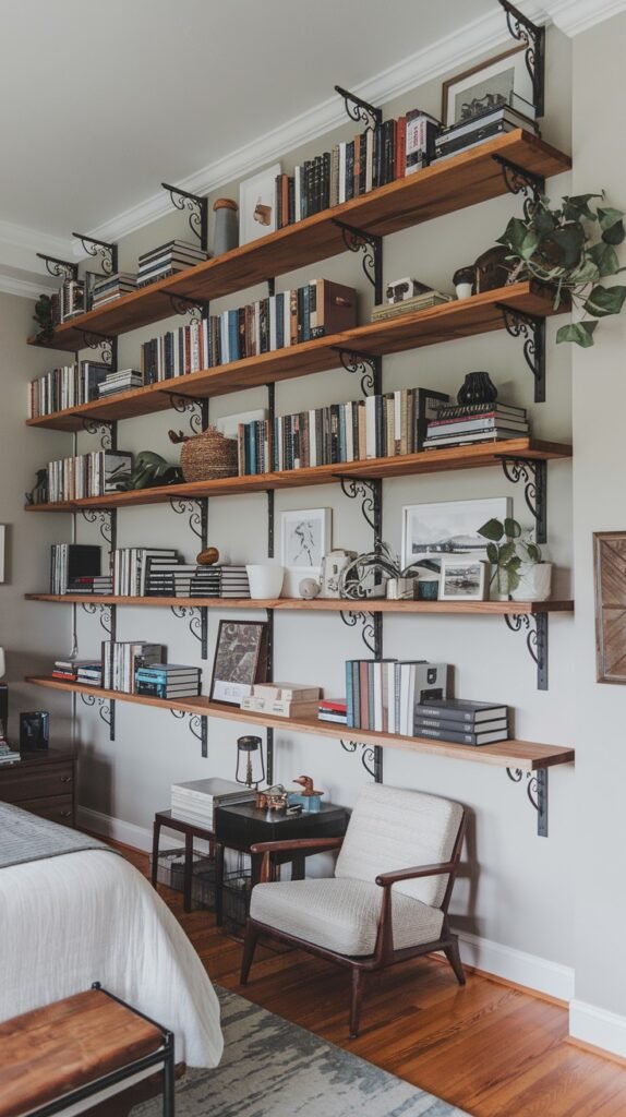 A full-wall view of extensive wooden shelving supported by decorative black metal brackets. The shelves are densely filled with books and various decorative items, spanning the entire wall above a bed and a chair in a bedroom.
