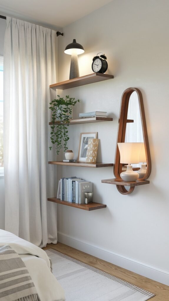 A bedroom wall with three staggered wooden floating shelves next to a window with white curtains. The shelves are decorated with books, a small plant, a lamp, an alarm clock, and framed art, with a large wooden mirror hanging between two shelves.