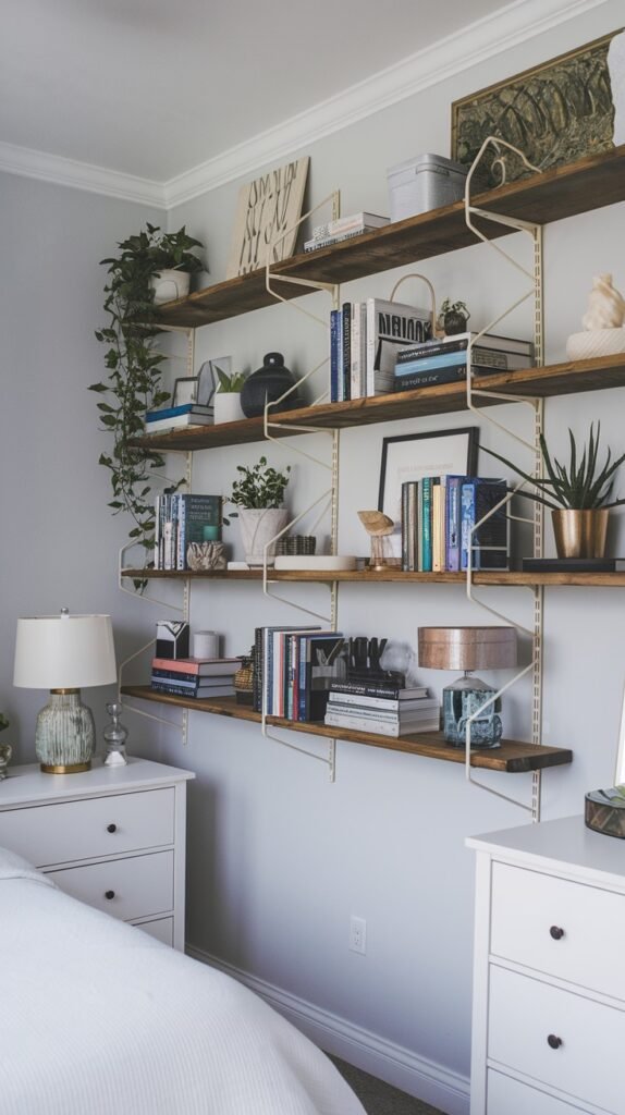 A long wall in a bedroom covered with multiple wooden shelves supported by white metal brackets. The shelves are arranged in rows and filled with books, plants, lamps, and other decorative objects, with two white nightstands visible below.