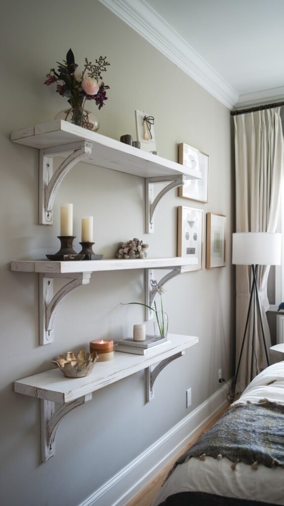 A wall in a bedroom featuring three white wooden shelves with distressed white brackets, arranged in a descending, staggered pattern. The shelves are decorated with candles, a vase of flowers, and small decorative items.
