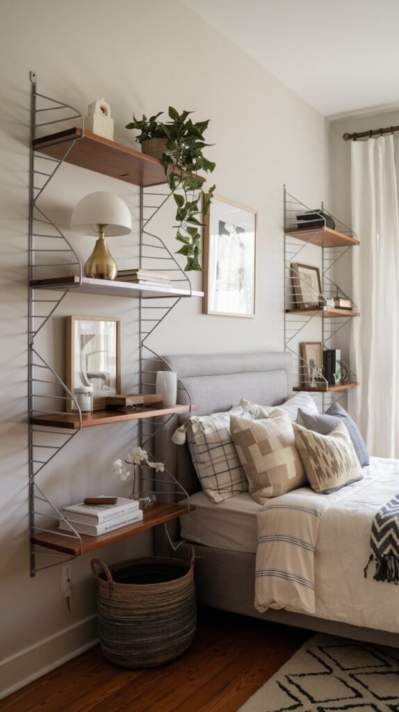 A bedroom wall with two sections of wall-mounted shelves with wooden planks and metal wire frames, flanking a bed with a grey headboard. The shelves are adorned with books, plants, lamps, and framed art.
