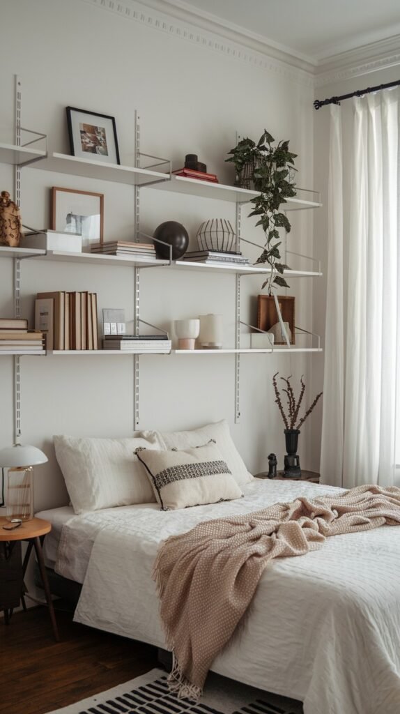 A bedroom with a white bed and a large wall-mounted shelving system with white metal standards and multiple white shelves. The shelves are filled with books, plants, framed art, and decorative accents.