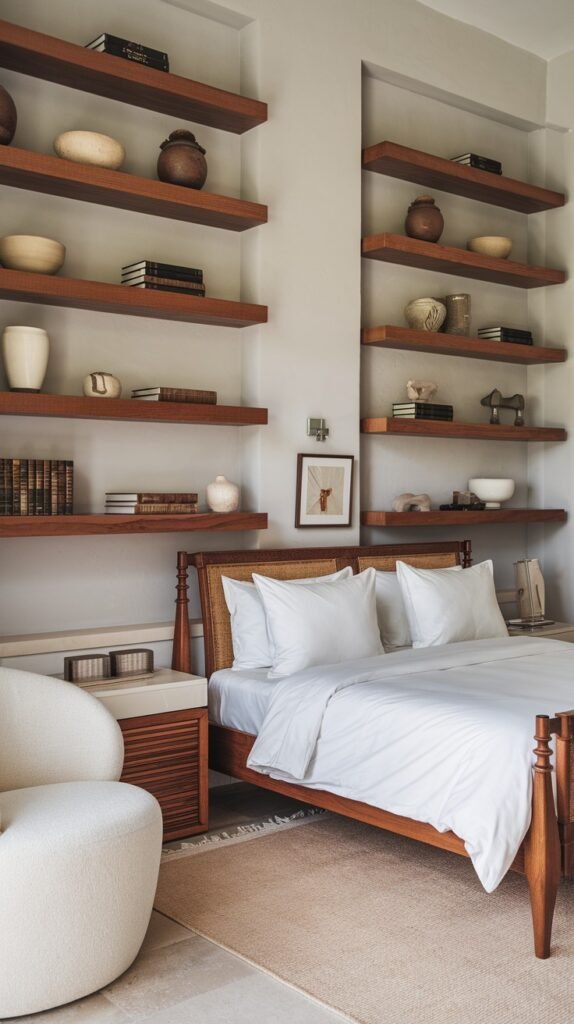 A bedroom with a wooden bed and two tall, narrow sections of built-in wooden shelves on either side of the bed. The shelves are filled with books, decorative bowls, and vases.