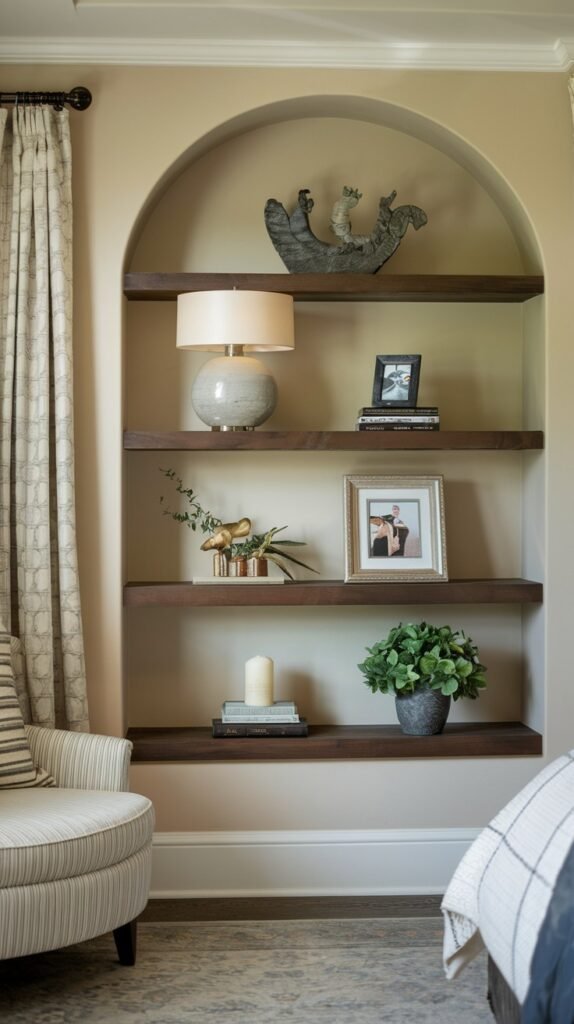 A built-in arched niche in a wall, containing four dark wooden shelves. The shelves are decorated with a large sculpture, a lamp, framed pictures, a candle, and a potted plant.