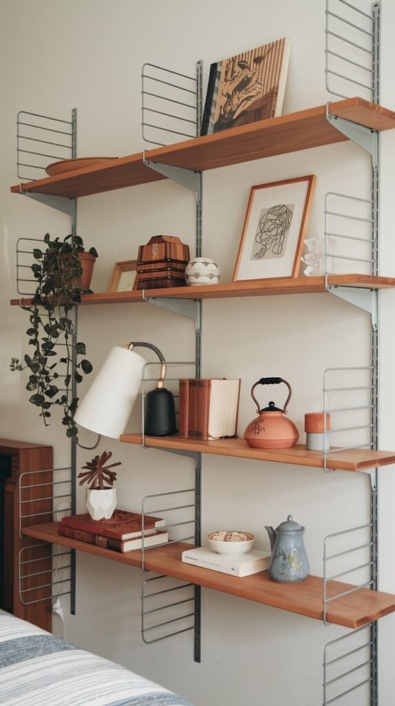 A wall-mounted shelving unit with multiple wooden shelves supported by metal wire frames. The shelves are filled with books, plants, a lamp, teapots, and other decorative objects.
