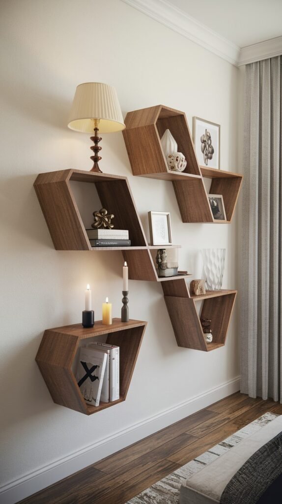 A modern wall display featuring several hexagonal wooden shelves of varying sizes arranged artistically on a light-colored wall. The shelves are decorated with books, candles, lamps, and framed pictures.