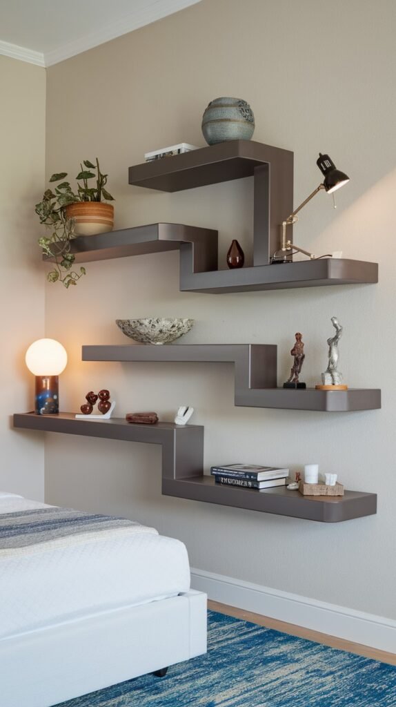 A bedroom corner showcasing a unique, dark grey zigzag-shaped wall-mounted shelf unit. The shelves hold a potted plant, books, a lamp, and various decorative items, situated next to a bed.
