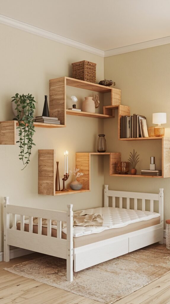 A light-toned bedroom with a white bed and a large, multi-level wooden shelf unit that wraps around a corner of the room. The shelves are styled with books, plants, decorative bottles, and candles.