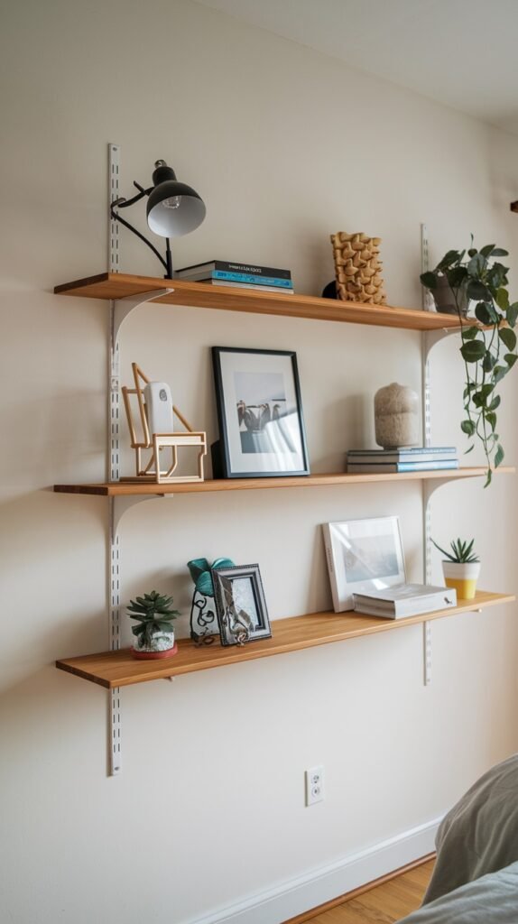 A set of three wooden shelves mounted on white metal wall standards. The shelves are adorned with books, a desk lamp, framed pictures, and small plants.