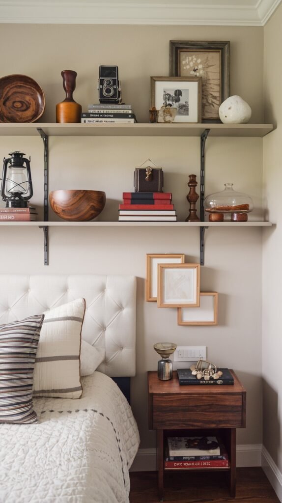 A bedside view showing two long wooden shelves mounted on dark metal brackets above a tufted headboard and a wooden nightstand. The shelves display a collection of books, decorative bowls, an old camera, and a lantern.