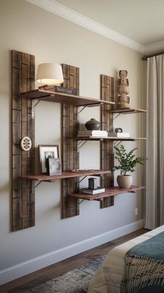 A rustic wall-mounted shelf system constructed with dark wooden planks and shelves supported by dark metal brackets. The shelves hold books, a lamp, a potted plant, and a carved wooden figure.