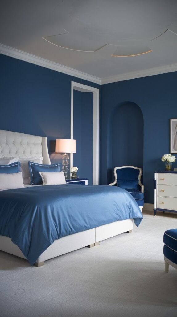 A beautiful and dreamy bedroom with deep blue walls and white trim, featuring a tufted white headboard, a blue comforter, a blue velvet armchair in a wall niche, and a light-colored carpet.