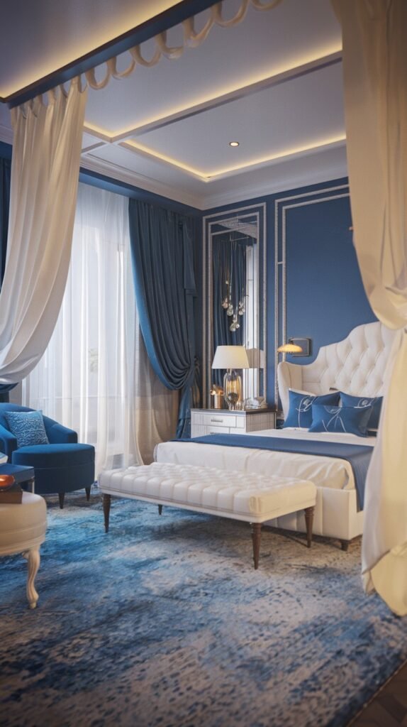 A beautiful and dreamy opulent bedroom with deep blue walls, white trim, and a tufted white headboard, featuring a blue and white striped bed runner, a white tufted bench, and a blue patterned rug.