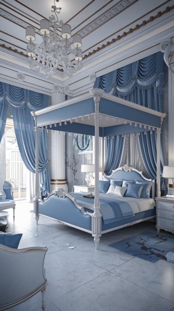 A beautiful and dreamy regal bedroom predominantly in light blue and white, featuring an elaborate blue four-poster bed, a grand crystal chandelier, and draped blue curtains.