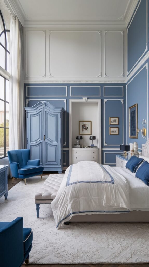 A beautiful and dreamy elegant bedroom with a high ceiling, light blue walls with white molding, a large blue armoire, a white bed with blue accents, and a light rug.