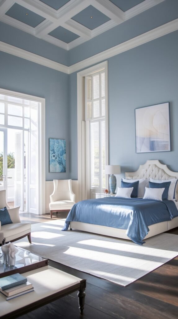A beautiful and dreamy spacious bedroom with light blue walls and a white coffered ceiling, featuring a white bed with a blue comforter, light armchairs, and large windows with natural light.