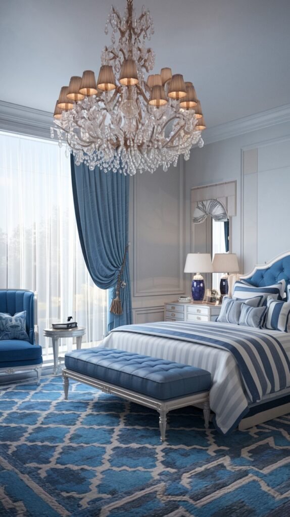 A beautiful and dreamy luxurious bedroom with a grand crystal chandelier, blue and white striped bedding, a blue tufted bench, and a detailed blue patterned rug on a dark floor.