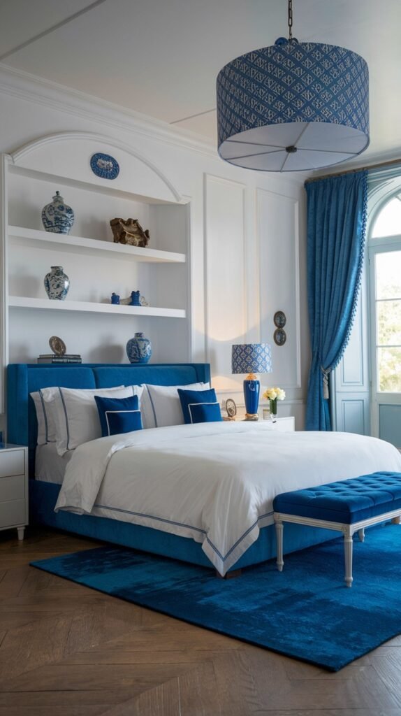 A beautiful and dreamy modern bedroom with white walls and built-in shelves displaying blue and white ceramics, featuring a blue upholstered bed, a blue throw, and a blue rug on a wooden floor.