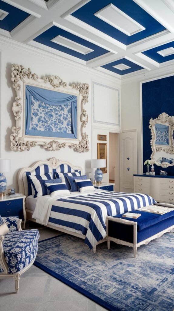 A beautiful and dreamy bedroom with a striking blue and white coffered ceiling, a large ornate white frame with blue fabric art, and a bed with bold blue and white striped bedding.