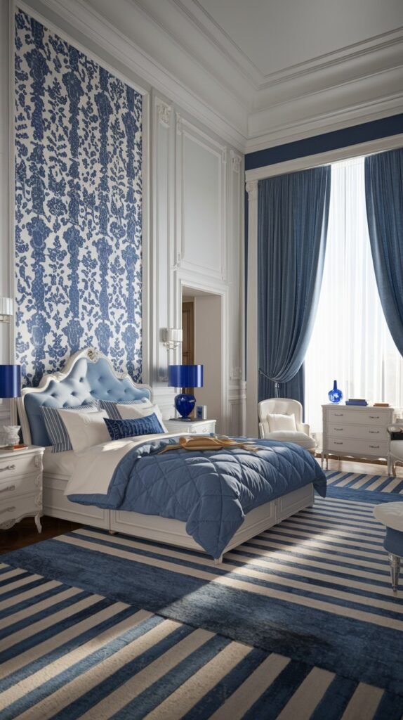 A beautiful and dreamy bedroom with white walls and a blue floral patterned accent wall, featuring a tufted blue headboard, a blue comforter, and a blue and white striped rug.