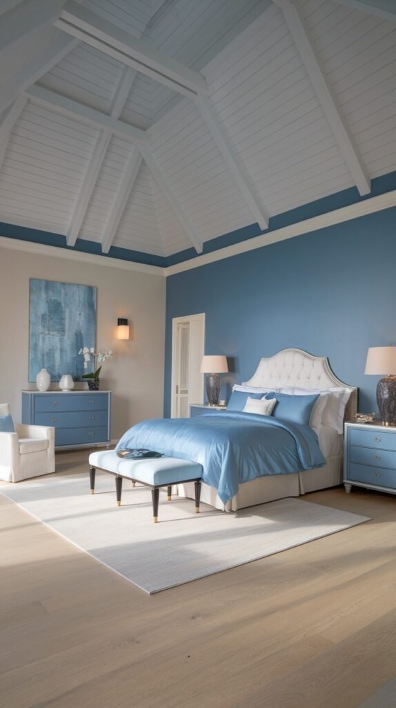 A beautiful and dreamy serene bedroom with light blue and beige walls and a white vaulted ceiling, featuring a white bed with a blue comforter, a light blue dresser, and a light-colored rug on a wooden floor.