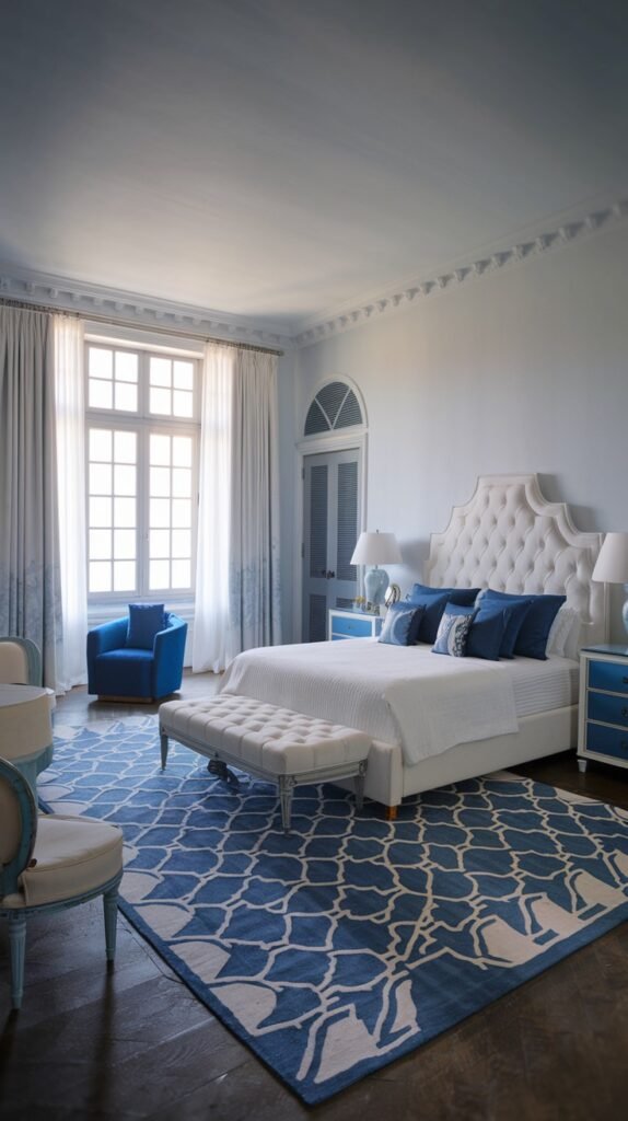 A beautiful and dreamy bedroom with a large tufted white headboard, blue pillows, a blue armchair, and a vibrant blue and white patterned rug on a dark floor.